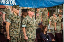U.S. Marine Corps Lt. Col. Keith C. Brenize, left, the oncoming commanding general of 3rd Assault Amphibian Battalion (AABN), 1st Marine Division and Lt. Col. William E. O’Brien, the outgoing commanding general of 3rd AABN, 1st Marine Division, stand for the playing of Waltzing Matilda during a change of command ceremony at Marine Corps Base Camp Pendleton, Calif., June 1, 2018.The ceremony was held in honor of O’Brien, who relinquished his post as 3rd AABN commanding general to Brenize.