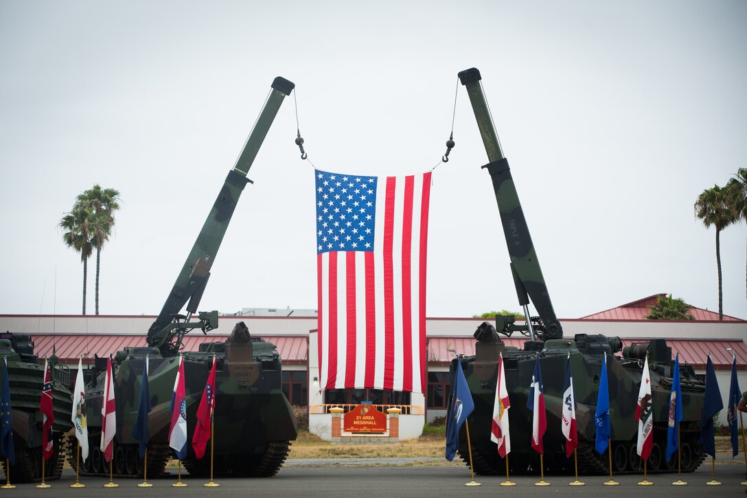 A U.S. flag hangs above the parade deck during a change of command ceremony at Marine Corps Base Camp Pendleton, Calif., June 1, 2018. The ceremony was held in honor of Lt. Col. William E. O’Brien, who relinquished his post as 3rd Assault Amphibian Battalion commanding general to Lt. Col. Keith C. Brenize.