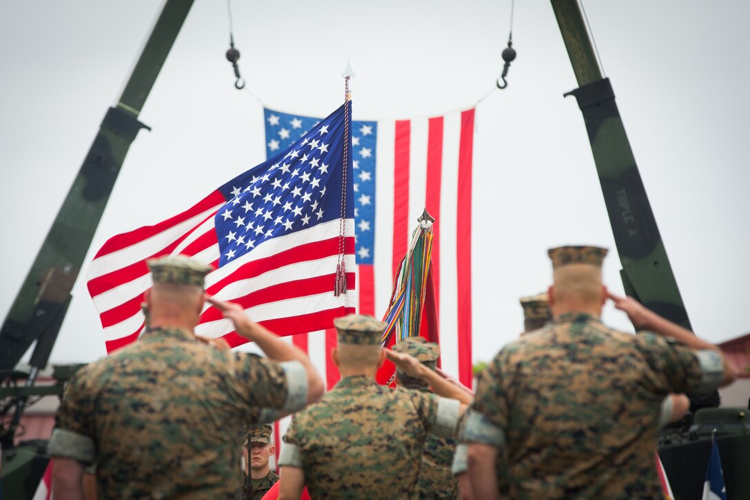 U.S. Marines with 3rd Assault Amphibian Battalion (AABN), 1st Marine Division, salute the flag during a change of command ceremony at Marine Corps Base Camp Pendleton, Calif., June 1, 2018. The ceremony was held in honor of Lt. Col. William E. O’Brien, who relinquished his post as 3rd AABN commanding general to Lt. Col. Keith C. Brenize.