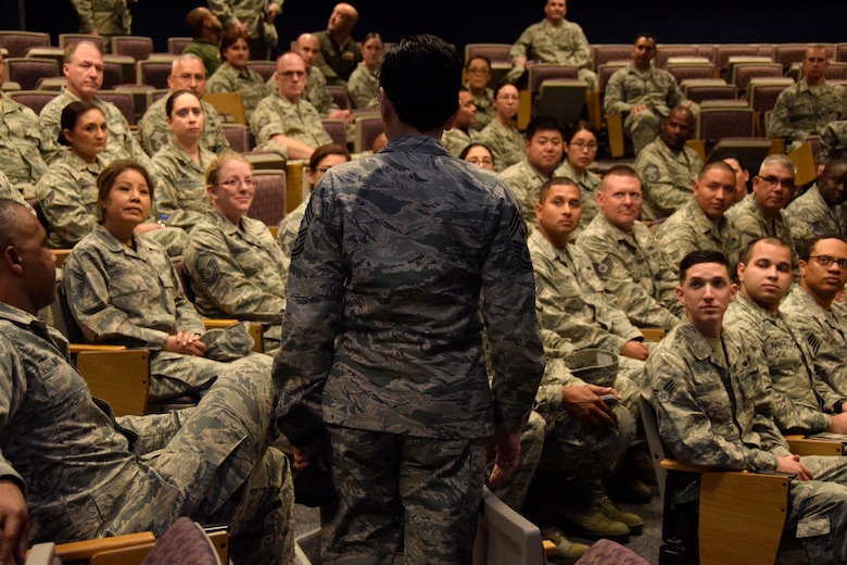 U.S. Air Force Reserve Command Chief Master Sgt. Ericka E. Kelly speaks with members of the 433rd Airlift Wing Top Three and Rising Six June 2, 2018, at Joint Base San Antonio-Lackland, Texas. The missions of these enlisted personnel organizations are to promote professionalism and encourage an attitude of unified purpose throughout the squadron and group personnel. (U.S. Air Force photo by Staff Sgt. Lauren M. Snyder)