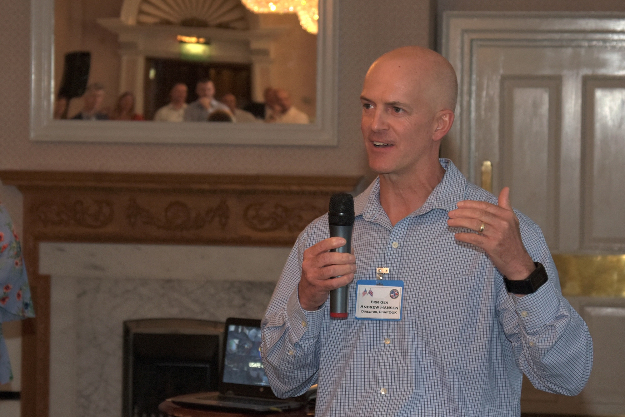 U.S. Air Force Brig. Gen. Andrew Hansen, USAFE-UK director, speaks to British community and local military leaders at the annual Summer Reception at RAF Mildenhall, England, June 8, 2018. The USAFE-UK director serves as the U.S. European Command’s country representative in the United Kingdom and is entrusted with maintaining the force readiness for UK based units. (U.S. Air Force photo by Airman 1st Class Benjamin Cooper)