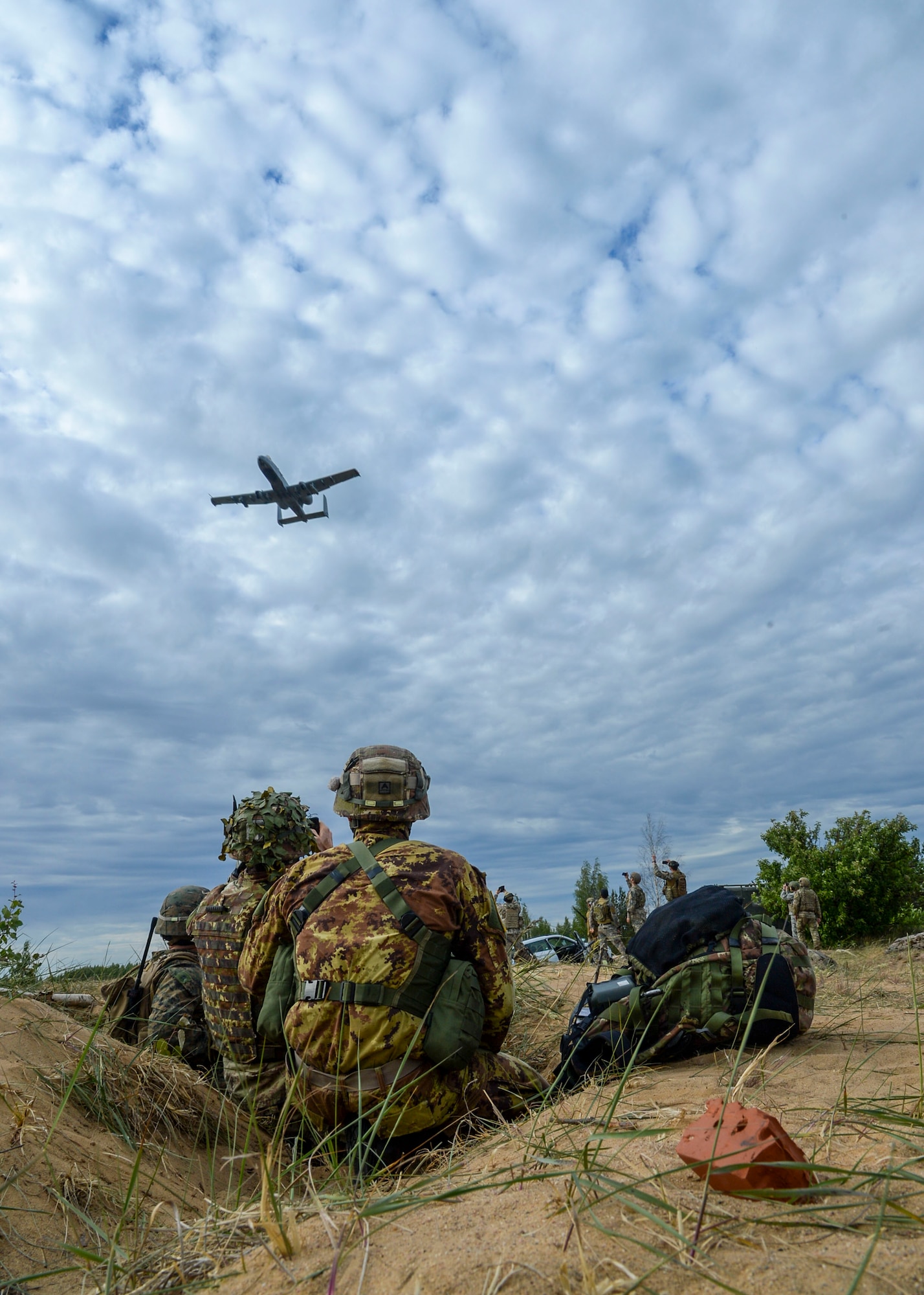 Italian Joint Terminal Attack Controllers watch an A-10 Thunderbolt II fly over Adazi, Latvia, June 7, 2018. Partner nations’ controllers worked with U.S. pilots to call in air support on mock targets during Saber Strike 18. (U.S. Air Force photo by Staff Sgt. Jimmie D. Pike)