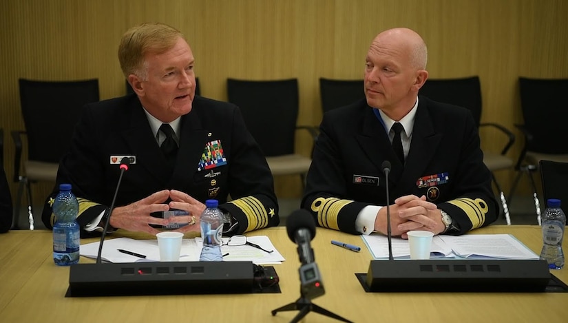 Navy Adm. James G. Foggo III, left, commander of NATO’s Joint Force Command based in Naples, Italy, and Norwegian navy Vice Adm. Ketil Olsen, his nation’s military representative to the NATO Military Committee, briefed reporters on the planning for Exercise Trident Juncture 2018 at NATO headquarters in Brussels, June 11, 2018. Foggo also is the commander of U.S. Naval Forces Europe and Africa. NATO photo