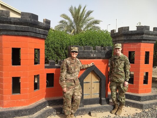 Mentor MAJ Chelsey O’Nan, MED program manager forward and mentee Cadet Samantha Lowdermilk in Kuwait during Lowdermilk's assigned summer cadet leadership training opportunity with the U.S. Army Corps of Engineers (USACE) Middle East District (MED) through the Army ROTC program at the University of Virginia.