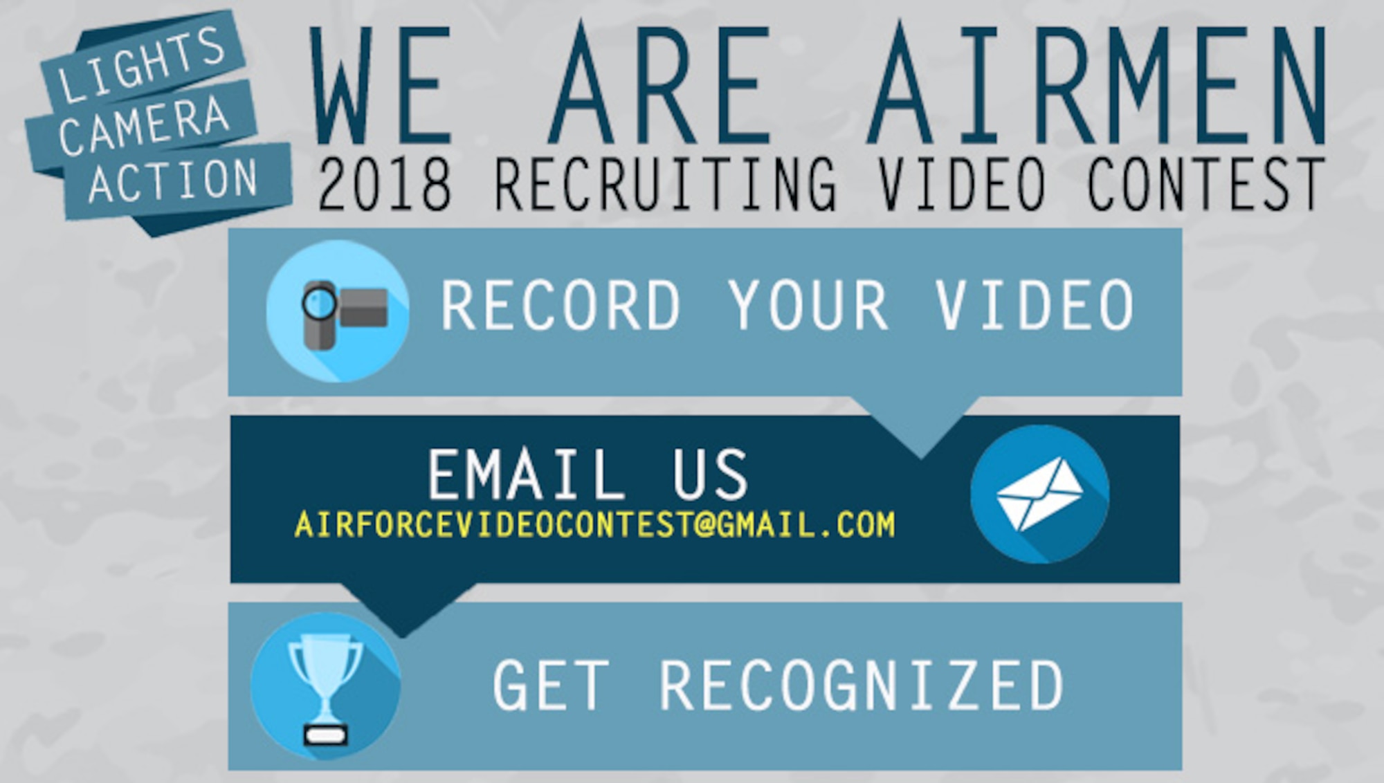 Air Force officials are offering Airmen the chance to create their own recruiting video through the We Are Airmen 2018 Recruiting Video Contest. Now is your chance to showcase your creativity and pride to be an Airman in the United States Air Force! If you were a civilian thinking about joining the military, what kind of commercial would make you want to become an Airman? (U.S. Air Force graphic by Staff Sgt. Chip Pons)