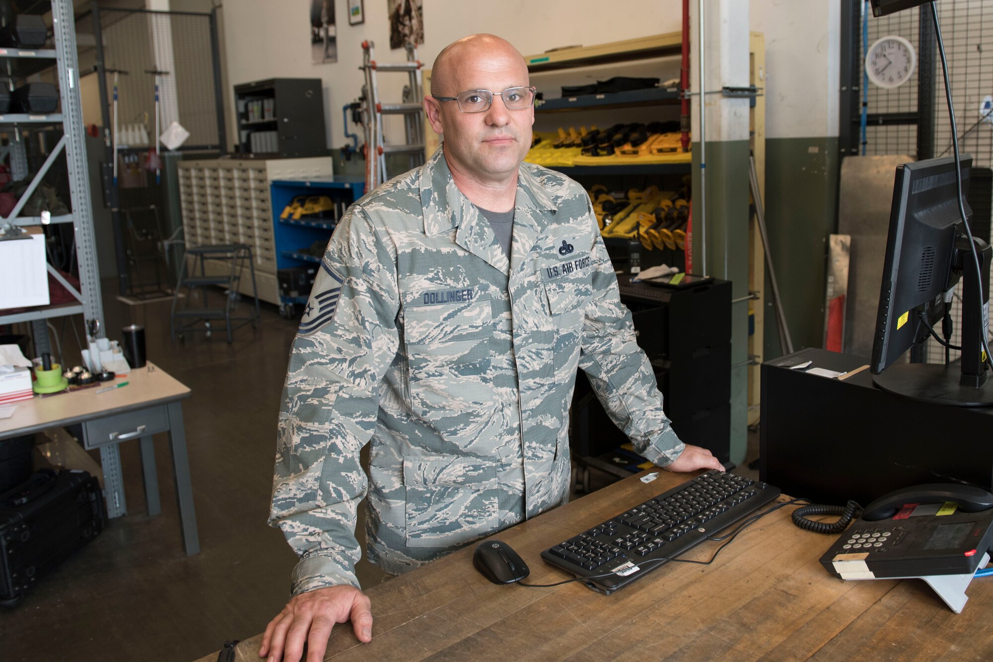 Master Sgt. James Dollinger, is a crew chief for the 167th Aircraft Maintenance Squadron and the 167th Airlift Wing Airman Spotlight for June 2018. (U.S. Air National Guard photo by Senior Master Sgt. Emily Beightol-Deyerle)
