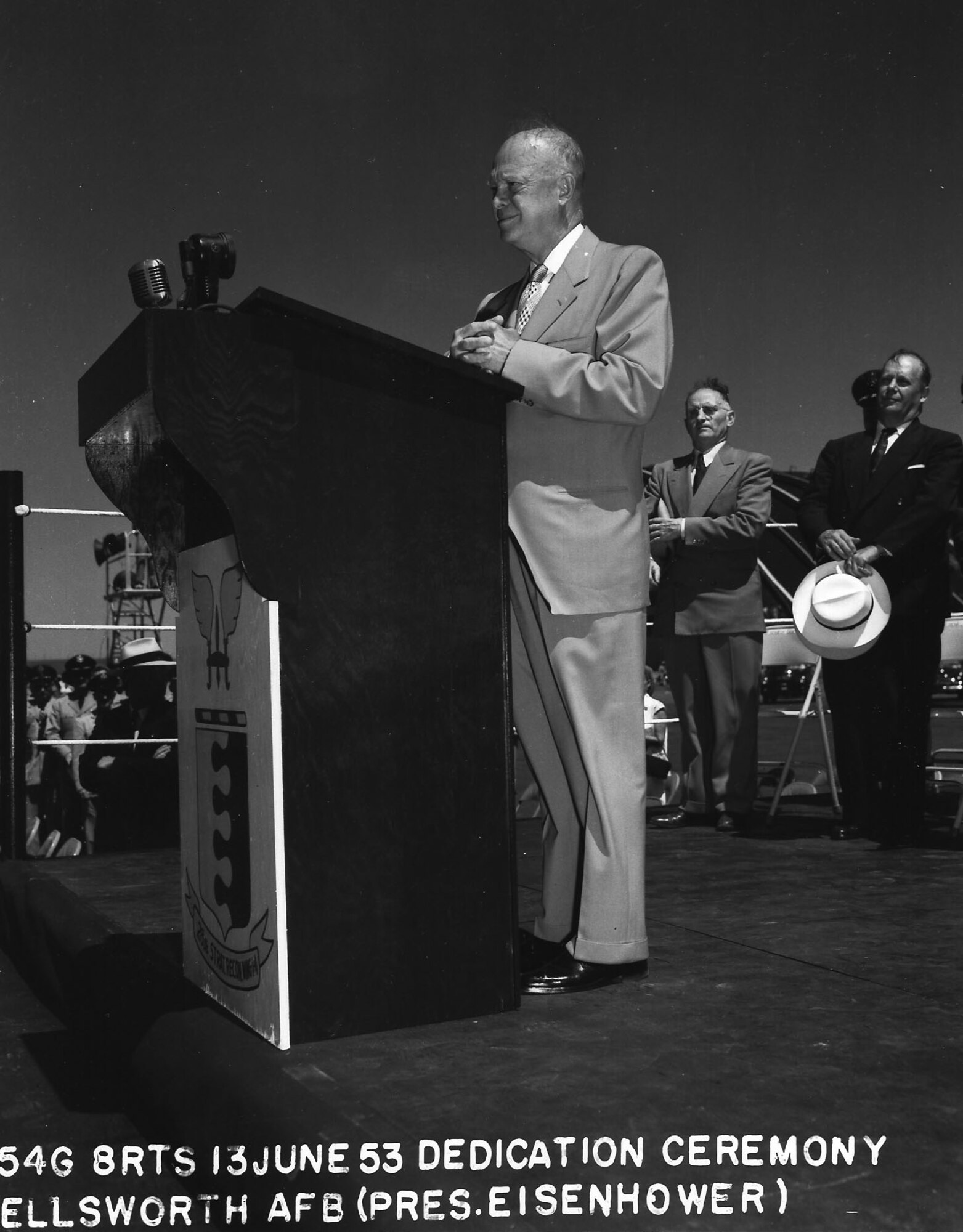 Former President Dwight D. Eisenhowser rechristens then-Rapid City Air Force Base, S.D., to Ellsworth AFB in honor of the former base commander at the base June 13, 1953. Brig. Gen. Richard E. Ellsworth was the 28th Strategic Reconnaissance Wing commander before he was killed in a plane crash March 18, 1953. (Courtesy photo)