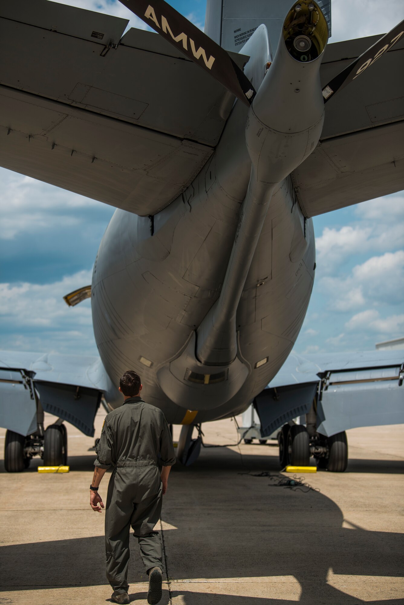 U.S. Air Force Senior Airman Austin Holbert, a KC-135 Stratotanker crew chief assigned to the 6th Aircraft Maintenance Squadron, MacDill Air Force Base, Fla., visually inspects a KC-135 at Pease Air National Guard Base, N.H., June 8, 2018.