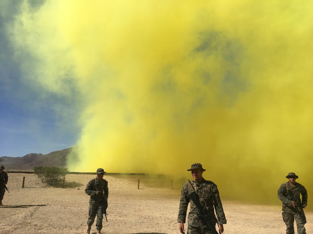 Marines with Combat Logistics Battalion 25, Combat Logistics Regiment 45, 4th Marine Logistics Group, practice throwing smoke grenades to mark a Helicopter Landing Zone aboard Marine Corps Air Ground Combat Center Twentynine Palms, California, June 9, 2018. During Integrated Training Exercise 4-18, CLB-25 Marines took part in MOT to further their experience with crew-served weapons employment, improvised explosive device immediate action drills and establishment of a Helicopter Landing Zone.