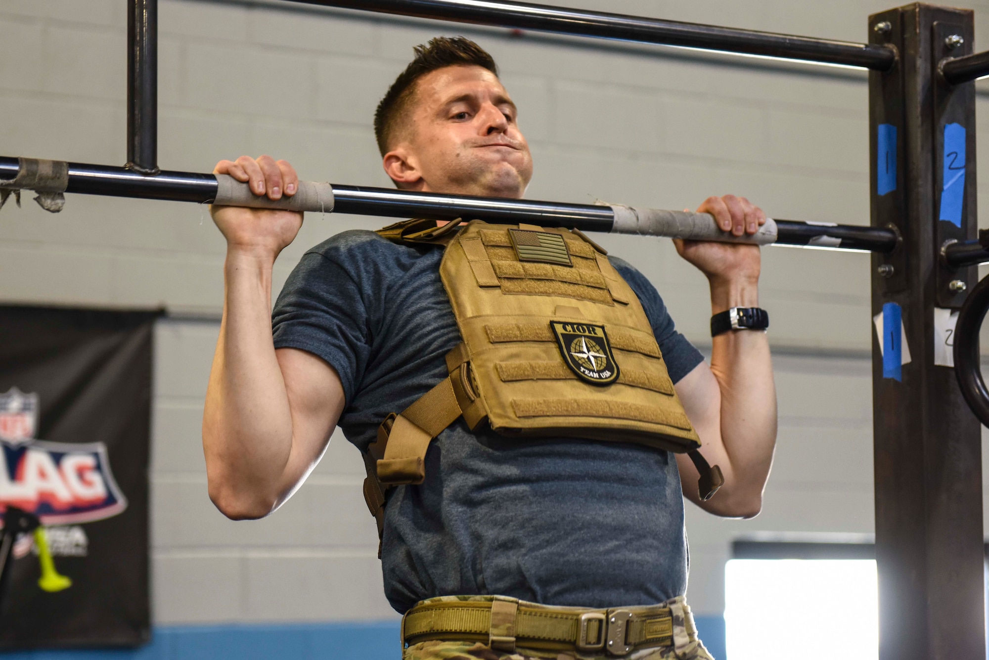 Capt. Sterling Broadhead, logistics readiness officer in the 67th Aerial Port Squadron, completes a pull-up during the annual “Murph” challenge in the Hess Fitness Center at Hill Air Force Base, Utah, June 3.