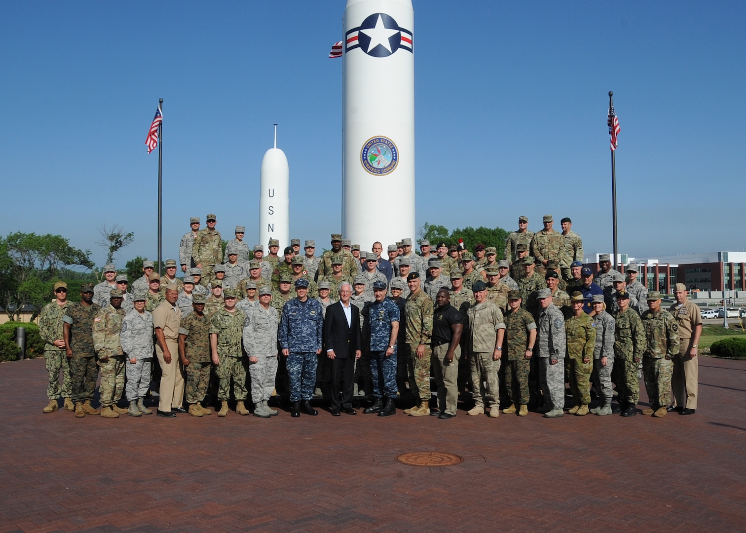 U.S. Navy Vice Adm. Charles Richard, deputy commander of U.S. Strategic Command (USSTRATCOM), and U.S. Air Force Chief Master Sgt. Patrick McMahon, senior enlisted leader of USSTRATCOM, host Keystone 18-2 participants at Offutt Air Force Base, Neb., June 12, 2018. The Keystone course educates command senior enlisted leaders (CSELs) who currently, or will, serve in a general or flag officer-level headquarters. CSELs in the Keystone course visit combatant commands and receive briefings to understand their missions, roles, responsibilities and organizational structures. U.S. Strategic Command has global responsibilities assigned through the Unified Command Plan that include strategic deterrence, nuclear operations, space operations, joint electromagnetic spectrum operations, global strike, missile defense, and analysis and targeting.