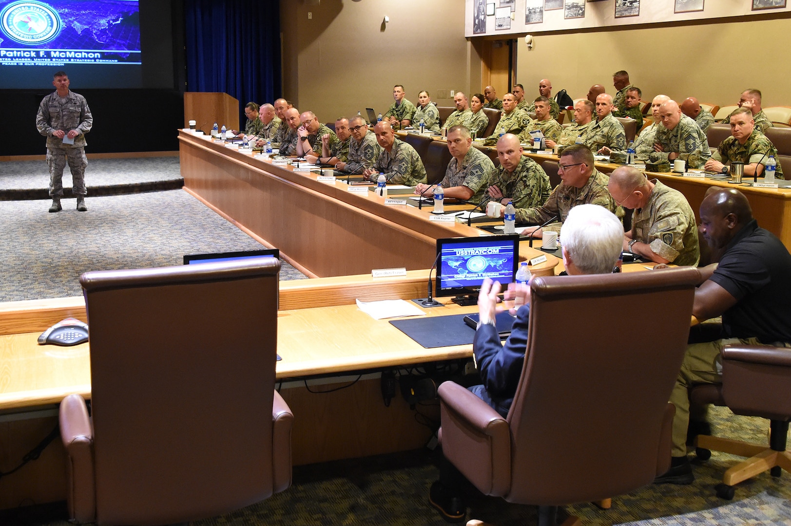 Command senior enlisted leaders (CSELs) from the Army, Air Force, Navy, Marines, Coast Guard and partner nations, participate in discussions during Keystone 18-2 at Offutt Air Force Base, Neb., June 12, 2018. The Keystone course educates CSELs who currently, or will, serve in a general or flag officer-level headquarters. CSELs in the Keystone course visit combatant commands and receive briefings to understand their missions, roles, responsibilities and organizational structures. U.S. Strategic Command has global responsibilities assigned through the Unified Command Plan that include strategic deterrence, nuclear operations, space operations, joint electromagnetic spectrum operations, global strike, missile defense, and analysis and targeting.