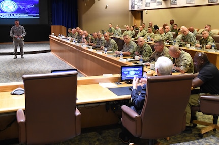 Command senior enlisted leaders (CSELs) from the Army, Air Force, Navy, Marines, Coast Guard and partner nations, participate in discussions during Keystone 18-2 at Offutt Air Force Base, Neb., June 12, 2018. The Keystone course educates CSELs who currently, or will, serve in a general or flag officer-level headquarters. CSELs in the Keystone course visit combatant commands and receive briefings to understand their missions, roles, responsibilities and organizational structures. U.S. Strategic Command has global responsibilities assigned through the Unified Command Plan that include strategic deterrence, nuclear operations, space operations, joint electromagnetic spectrum operations, global strike, missile defense, and analysis and targeting.