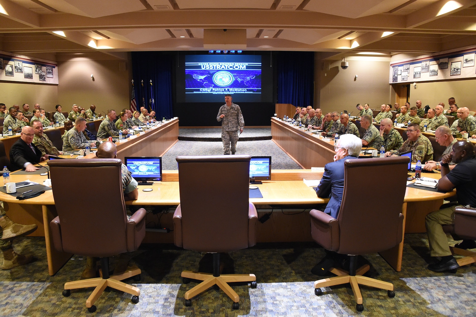 U.S. Air Force Chief Master Sgt. Patrick McMahon, senior enlisted leader of U.S. Strategic Command (USSTRATCOM), briefs Keystone 18-2 participants in the Dougherty Conference Center at Offutt Air Force Base, Neb., June 12, 2018. McMahon discussed USSTRATCOM’s missions and capabilities and the importance of mentoring the next generation of command senior enlisted leaders (CSELs). The Keystone course educates CSELs who currently, or will, serve in a general or flag officer-level headquarters. CSELs in the Keystone course visit combatant commands and receive briefings to understand their missions, roles, responsibilities and organizational structures. U.S. Strategic Command has global responsibilities assigned through the Unified Command Plan that include strategic deterrence, nuclear operations, space operations, joint electromagnetic spectrum operations, global strike, missile defense, and analysis and targeting.