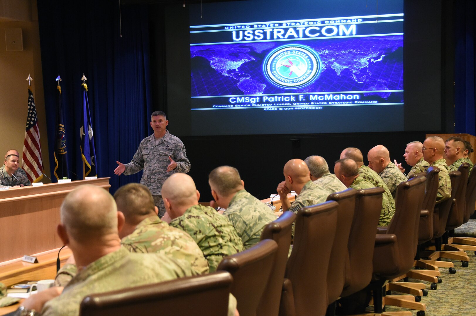 U.S. Air Force Chief Master Sgt. Patrick McMahon, senior enlisted leader of U.S. Strategic Command (USSTRATCOM), briefs Keystone 18-2 participants in the Dougherty Conference Center at Offutt Air Force Base, Neb., June 12, 2018. McMahon discussed USSTRATCOM’s missions and capabilities and the importance of mentoring the next generation of command senior enlisted leaders (CSELs). The Keystone course educates CSELs who currently, or will, serve in a general or flag officer-level headquarters. CSELs in the Keystone course visit combatant commands and receive briefings to understand their missions, roles, responsibilities and organizational structures. U.S. Strategic Command has global responsibilities assigned through the Unified Command Plan that include strategic deterrence, nuclear operations, space operations, joint electromagnetic spectrum operations, global strike, missile defense, and analysis and targeting.