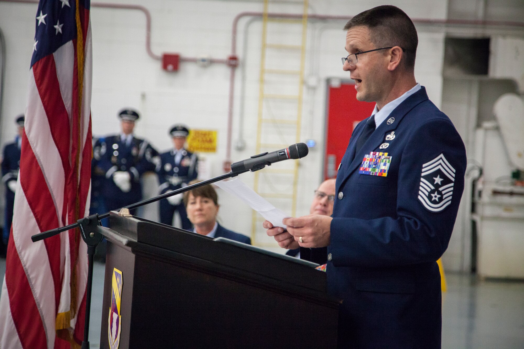 U.S. Air Force Command Chief Master Sgt. Thomas Fredrickson speaks during a change of authority ceremony Oct. 14, 2017 at the 128th Air Refueling Wing,