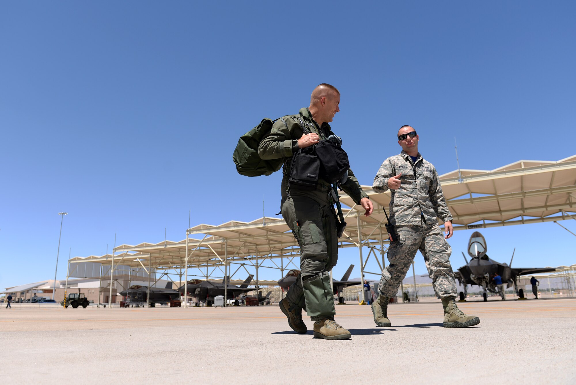 Brig. Gen. Brook Leonard, 56th Fighter Wing commander, steps tohis jet in his final sortie as commander of Luke Air Force Base, Ariz., June 8, 2018. Leonard is an accomplished F-16 and F-35 fighter pilot and completed his F-16 Initial Qualification Course at Luke in 1995. (U.S. Air Force photo by Senior Airman Ridge Shan)