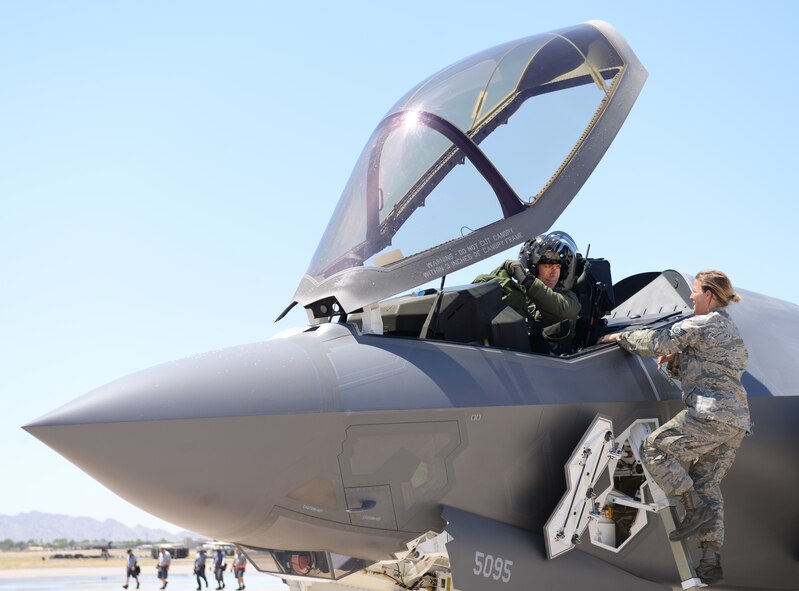 Brig. Gen. Brook Leonard, 56th Fighter Wing commander, prepares to exit his F-35A Lightning II for the final time as commander at Luke Air Force Base, Ariz., June 8, 2018. . Leonard, who has led the F-35 and F-16 training mission at Luke for the past two years, will move on to his next assignment as the deputy commanding general of the Air Combined Joint Forces Component Command in Iraq in the coming weeks.. (U.S. Air Force photo by Senior Airman Ridge Shan)
