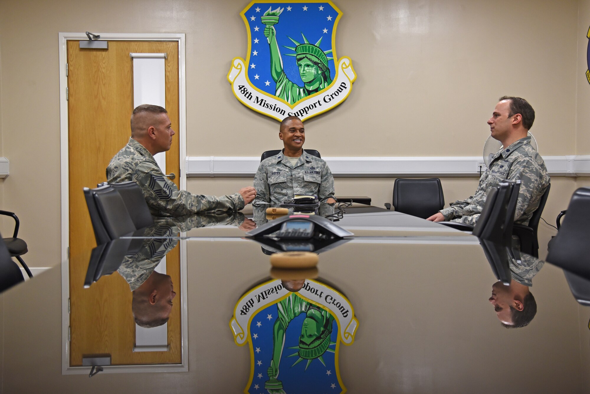 Commanders and enlisted leaders from both the 161st Air Refueling Wing and 48th Fighter Wing meet to talk about overall mission effectiveness during a two-week training exercise hosted at Royal Air Force Lakenheath, England May 31, 2018. The leaders looked at the overall effectiveness of the training exercise and note the positive impacts, as well as possible improvements, to help ensure the success of future missions. (U.S. Air National Guard photo by Staff Sgt. Dillon Davis)