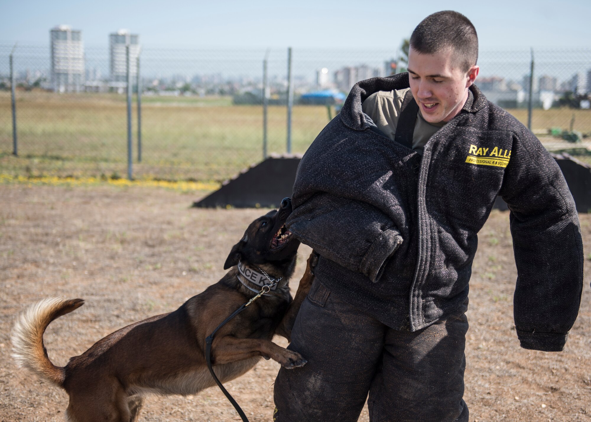 INCIRLIK AIR BASE, Turkey – U.S. Army Capt. James Gaffney, 39th Air Base Wing veterinarian, participates in a controlled aggression tactic demonstration with U.S. Air Force military working dog Buck at Incirlik Air Base, Turkey, June 8, 2018.