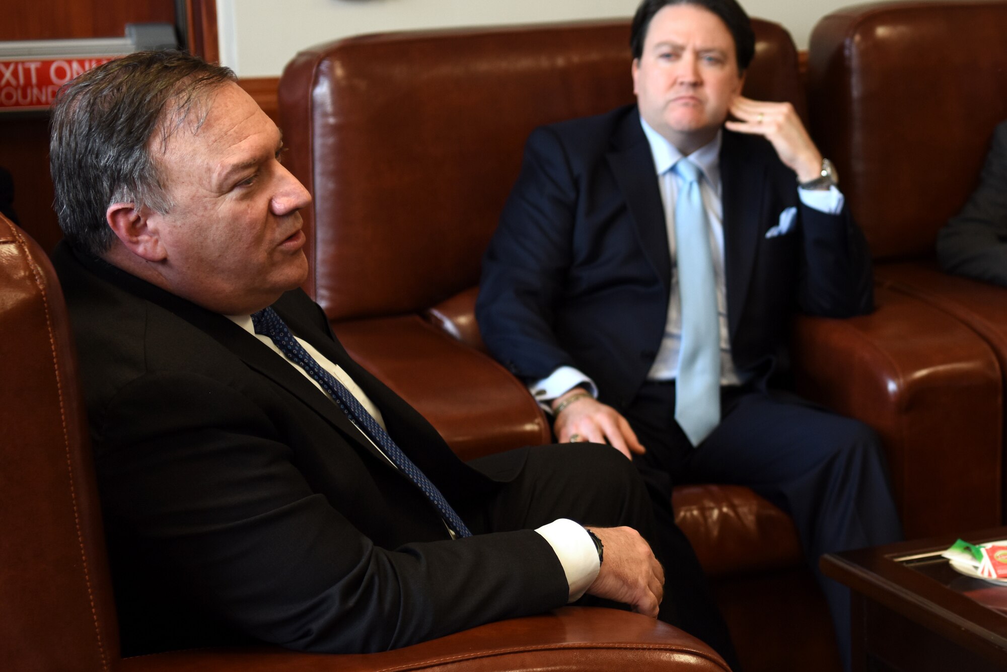 U.S. Secretary of State Mike Pompeo speaks with Marc Knapper, U.S. Embassy in Seoul Charge d’Affaires ad interim, at Osan Air Base, Republic of Korea, June 13, 2018.