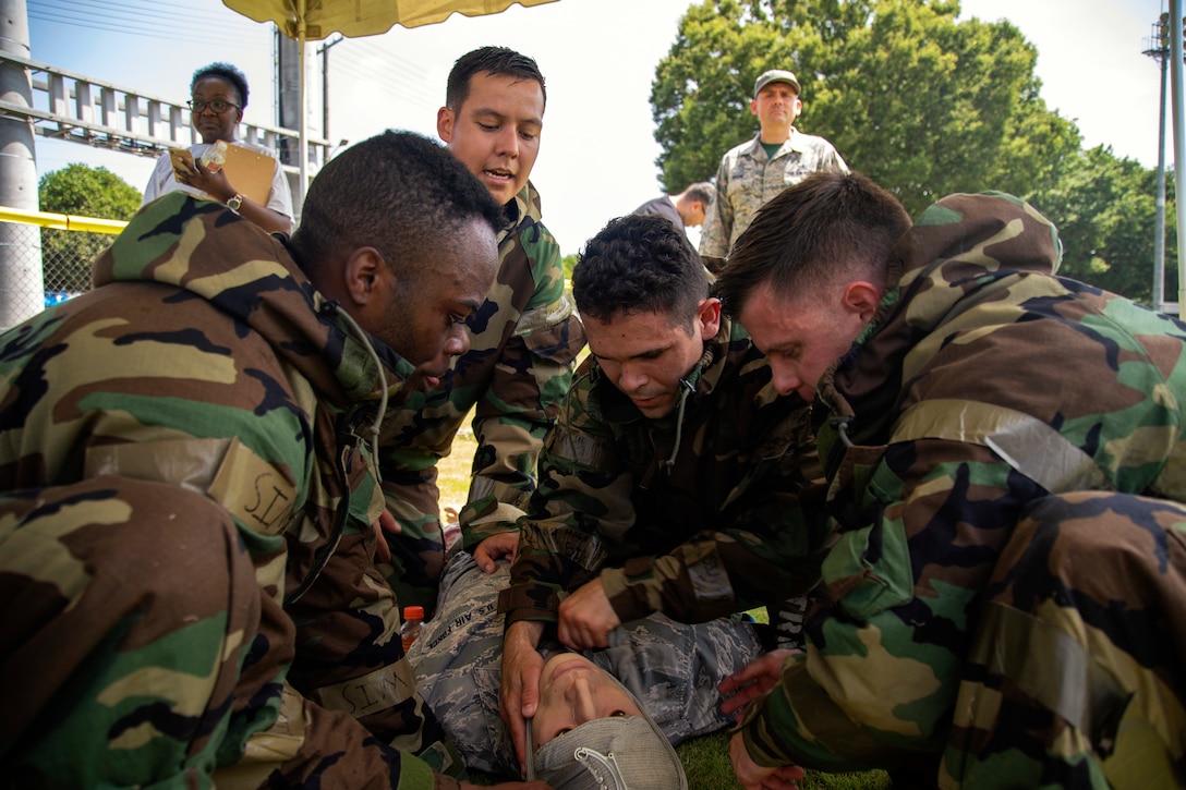 Airmen perform self-aid and buddy care during the training.