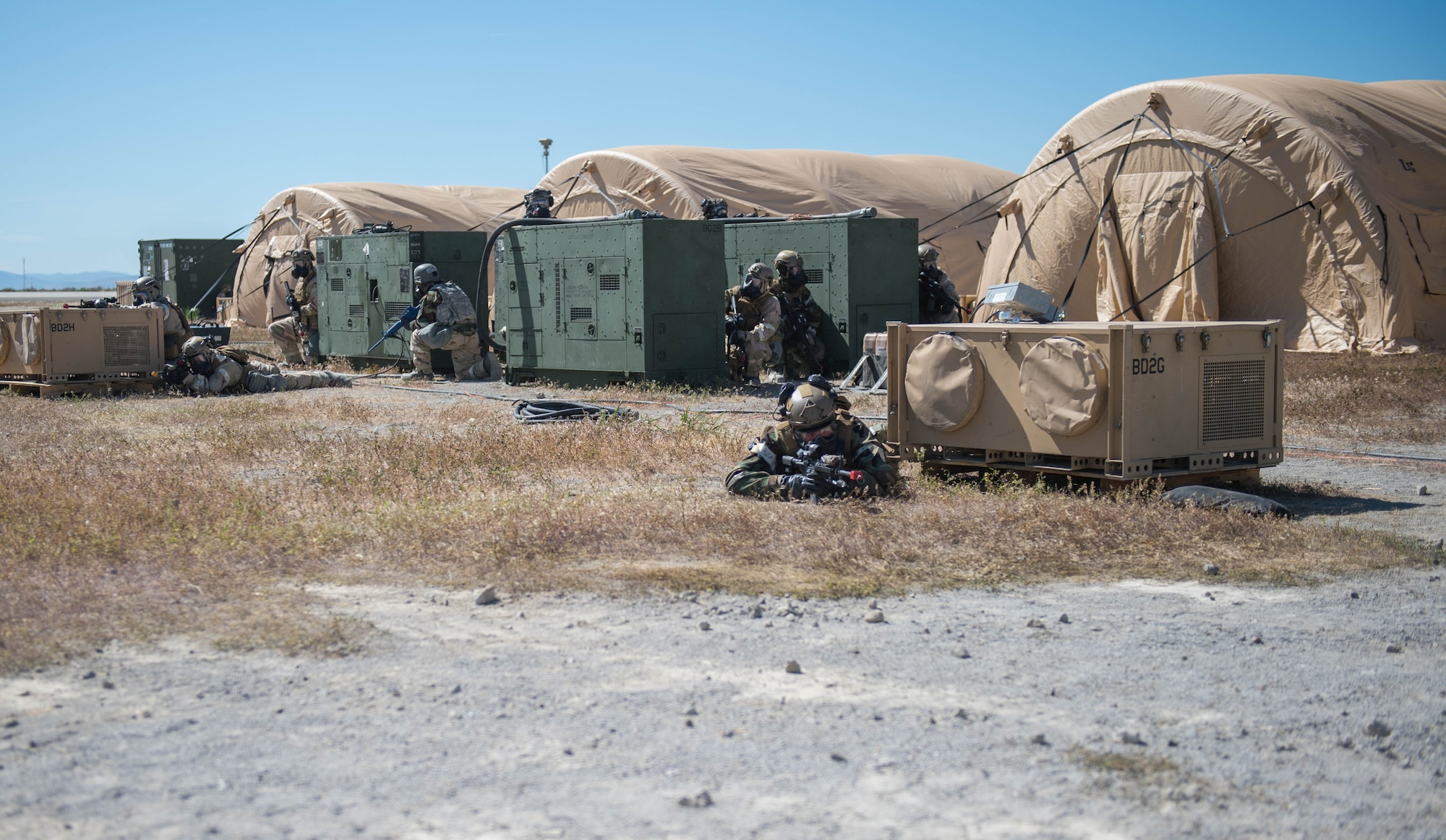 Airmen from the 621st Contingency Response Wing participate May 6, 2018, in the Cerberus Strike exercise at Amedee Army Airfield, Calif. One component of Cerberus Strike included a C-5M Super Galaxy flown by a crew from Travis Air Force Base, Calif., and Dover Air Force Base, Del., using night-vision goggles. (U.S. Air Force photo/Staff Sgt. Robert Hicks)