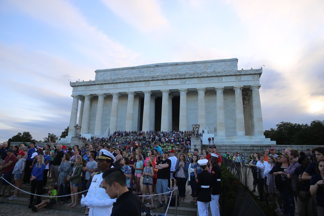 This year is the first year Barracks Marines are hosting Tuesday Sunset Parades at the Lincoln Memorial. The guest of honor for the parade was Secretary of the Interior Ryan Zinke and the hosting official was Robert D. Hogue, counsel for the commandant of the Marine Corps.