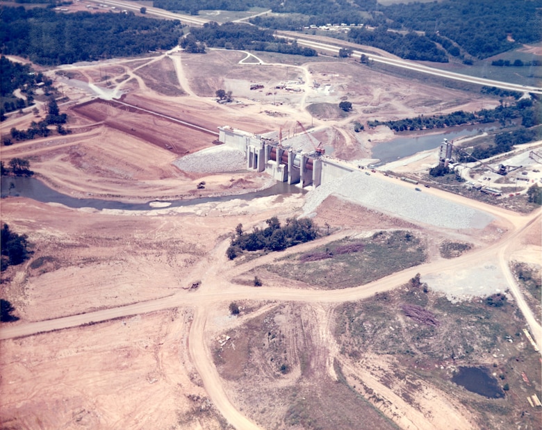 This is an aerial view of J. Percy Priest Dam under construction June 13, 1967 on the Stones River in Nashville, Tenn. The project was dedicated by President Lyndon B. Johnson June 29, 1968. The U.S. Army Corps of Engineers Nashville District, which operates and maintains the dam and reservoir, is celebrating the project's 50th Anniversary at the dam 10 a.m. June 29, 2018. (USACE Photo)