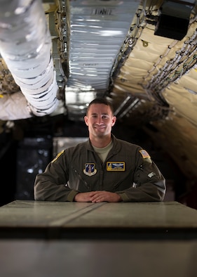 Staff Sgt. Sam J. Mason, a boom operator with the 157th Operations Group, poses for a portrait in a K-C 135 Stratotanker June 13, 2018 at Pease Air National Guard Base, N.H. Mason joined the unit in April after previously serving six years in the Air Force Honor Guard in Washington, DC. (N.H. Air National Guard photo by Airman 1st Class Victoria Nelson)