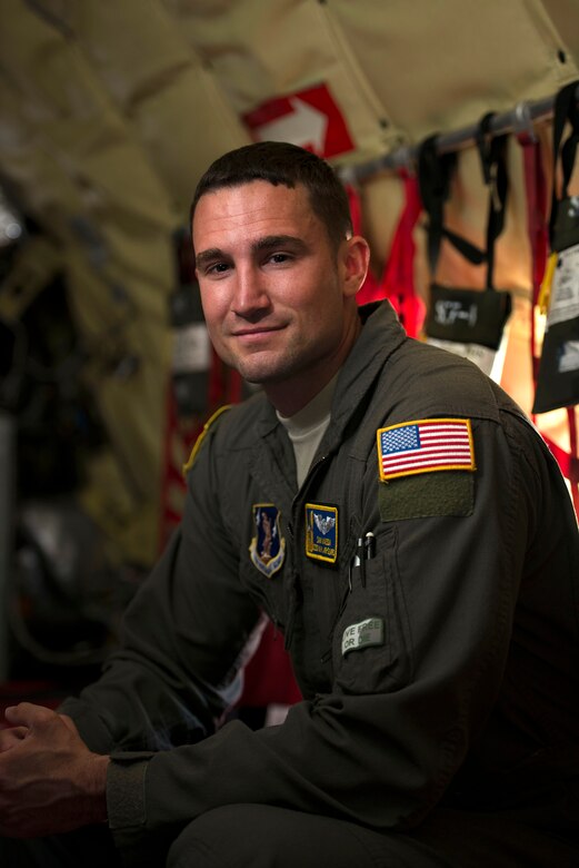 Staff Sgt. Sam J. Mason, a boom operator with the 157th Operations Group, poses for a portrait in a K-C 135 Stratotanker June 13, 2018 at Pease Air National Guard Base, N.H. Mason joined the unit in April after previously serving six years in the Air Force Honor Guard in Washington, DC. (N.H. Air National Guard photo by Airman 1st Class Victoria Nelson)