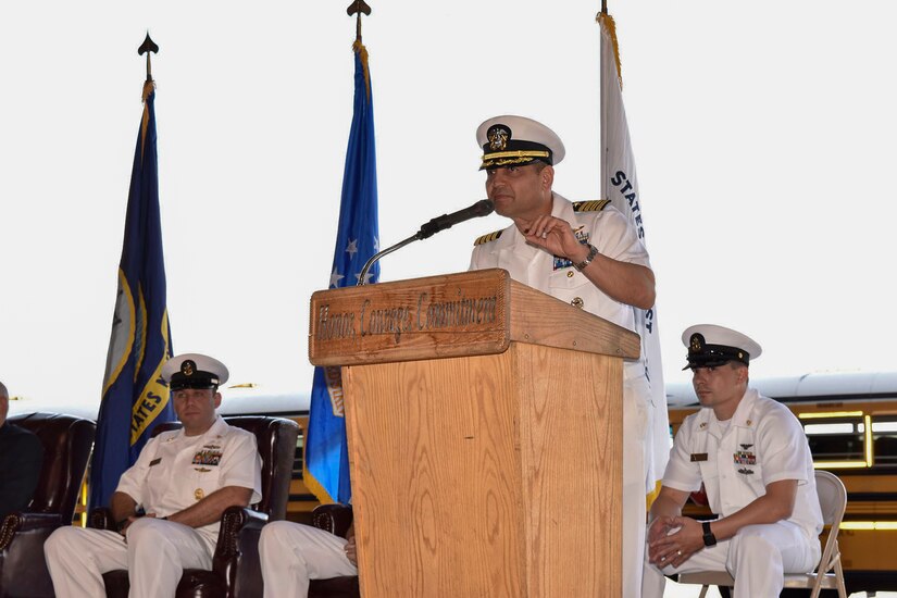 U.S. Navy Capt. M. Muzzafar Khan, Joint Base McGuire-Dix-Lakehurst deputy commander and Naval Support Activity commanding officer, gives opening remarks during the 76th Battle of Midway commemoration on Joint Base MDL, N.J., June 5, 2018. The commemoration is a celebration of the victory during World War II June 4-7, 1942, and is considered the turning point during World War II in the seas and air near the South Pacific.