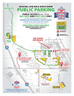 Event organizers are encouraging those planning to attend the Warriors Over the Wasatch Air and Space Show June 23-24, 2018, to use public transportation. Event parking is limited and Utah Transit Authority is offering special round-trip fares on FrontRunner both Saturday and Sunday with bus service running from Clearfield FrontRunner station to and from the show entrance. (U.S. Air Force graphic by David Perry)