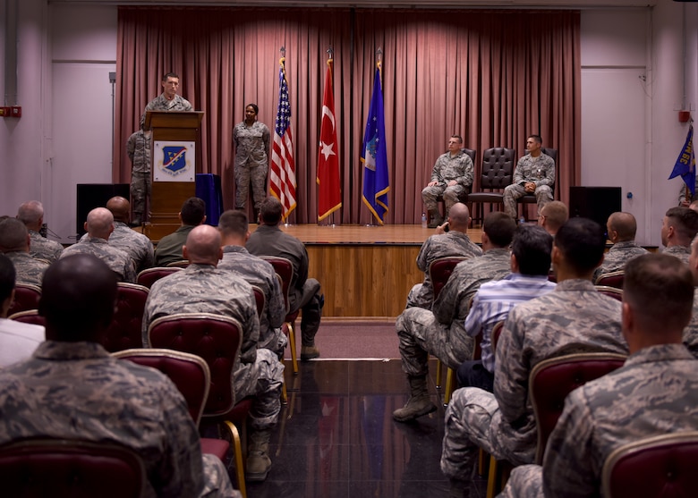 U.S. Air Force Capt. Joseph Misch, 39th Contracting Squadron commander, addresses his squadron for the first time as commander during a change of command ceremony at Incirlik Air Base, Turkey, June 13, 2018.