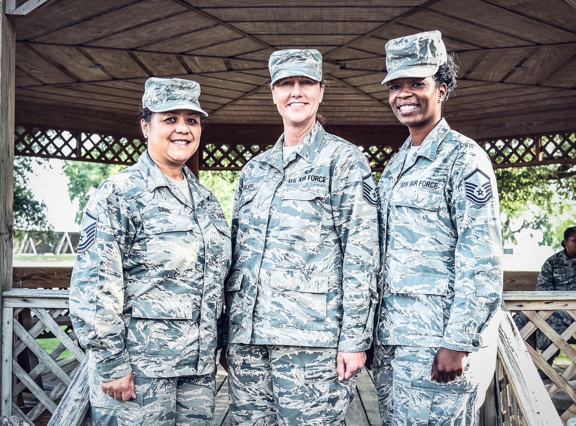 Master Sgt. Judith Davis, 403rd Maintenance Group career advisor, Master Sgt. Tracey Riley, 403rd Wing career advisor, and Master Sgt. Callie Hubbard, 403rd Operations Group career assistance advisor, pose for a picture in front of the gazebo at the 403rd Wing building at Keesler Air Force Base, Mississippi, June 3, 2018. A career assistance advisor has many roles and responsibilities. They are first and foremost a counselor to all Airmen with regards to career paths, re-enlistments, retraining opportunities and are a one-stop-shop for career guidance.