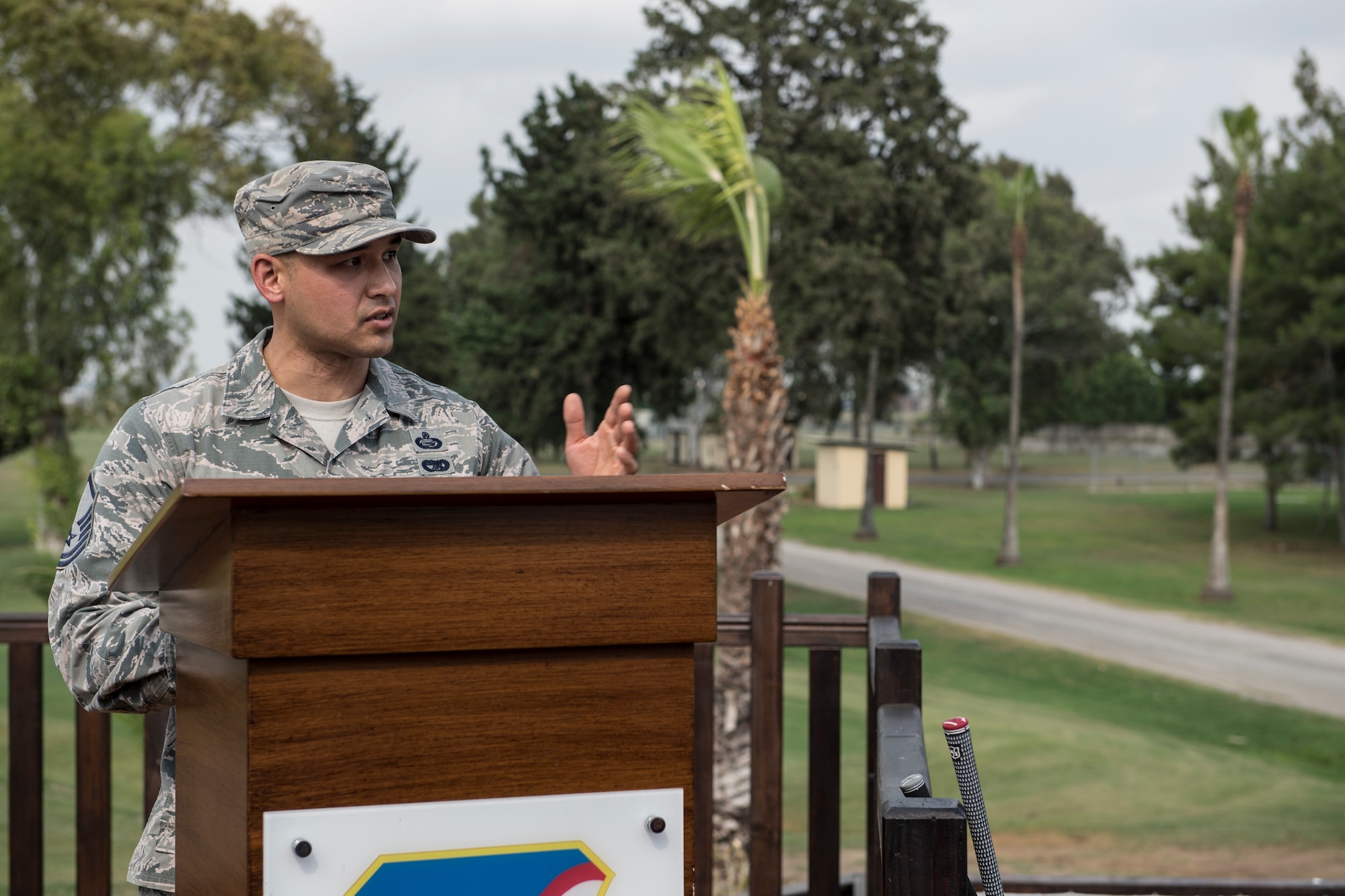 Master Sgt. Speaks during a ceremony.