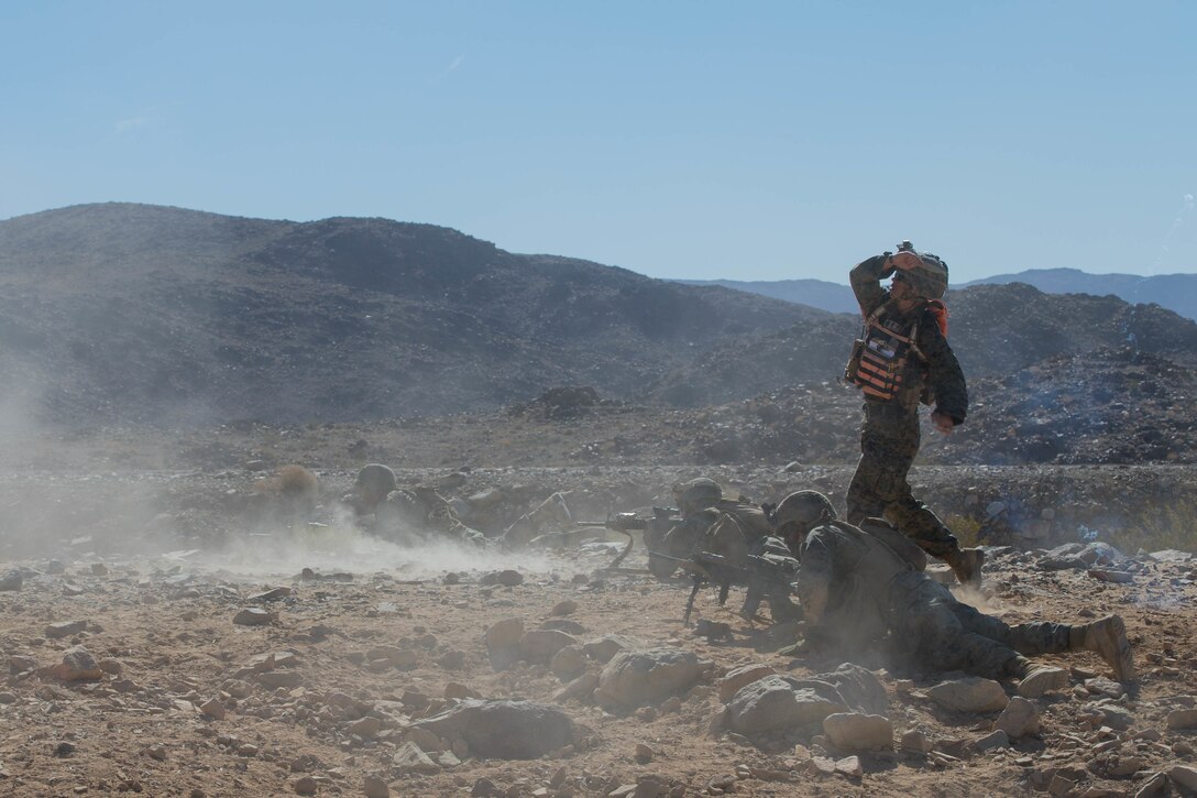 Marines with Alpha Company, 1st Battalion, 23rd Marine Regiment, 4th Marine Division, conduct live-fire drills on range 410A, a platoon reinforced attack range, during Integrated Training Exercise 4-18 at Marine Corps Air Ground Combat Center Twentynine Palms, California, June 11, 2018.