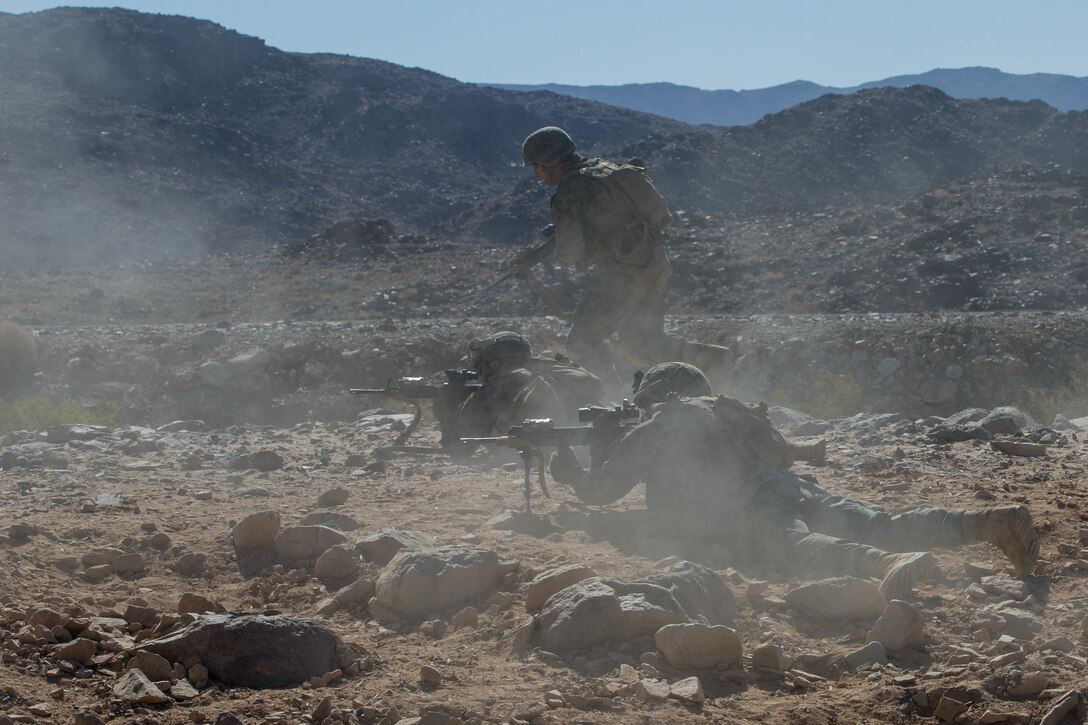 Marines with Alpha Company, 1st Battalion, 23rd Marine Regiment, 4th Marine Division, conduct live-fire drills on range 410A, a platoon reinforced attack range, during Integrated Training Exercise 4-18 at Marine Corps Air Ground Combat Center Twentynine Palms, California, June 11, 2018.