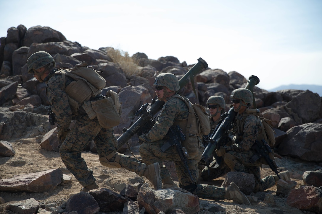 Infantry Assault Marines with Bravo Company, 1st Battalion, 23rd Marine Regiment, 4th Marine Division, fire Shoulder-Launched Multipurpose Assault Weapons on range 410A, a platoon reinforced attack range, during Integrated Training Exercise 4-18 at Marine Corps Air Ground Combat Center Twentynine Palms, California, June 12, 2018.