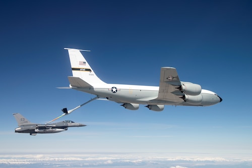An Edwards KC-135 Stratotanker refuels a U.S. Air Force F-16 Fighting Falcon while it carries a developmental test version of Norway’s Joint Strike Missile. When development is complete, the JSM is intended for use aboard the F-35A Lighting II. The 416th Flight Test Squadron recently wrapped up JSM testing. (U.S. Air Force photo by Christian Turner)