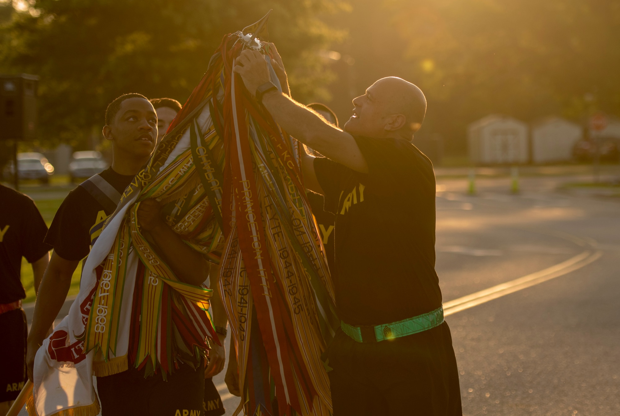 U.S. Army Command Sgt. Maj. Eric Vidal, 733rd Mission Support Group command sergeant major, right, and Soldiers assigned to Joint Base Langley-Eustis, prepare for the Army’s 243rd Birthday Run Celebration at Joint Base Langley-Eustis, Virginia, June 14, 2018.