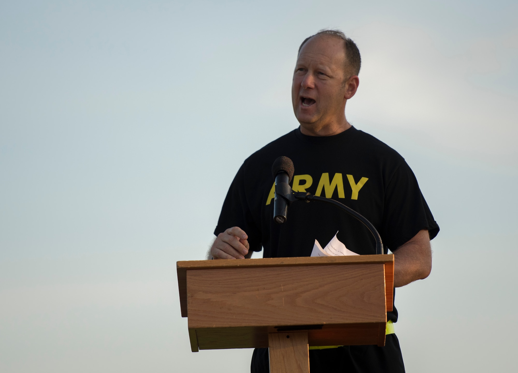 U.S. Army Col. Ralph L. Clayton, 733rd Mission Support Group commander, gives opening remarks before the Army 243rd Birthday Run Celebration at Joint Base Langley-Eustis, Virginia, June 14, 2018.