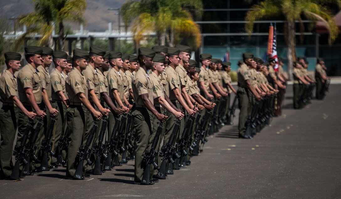 U.S. Marines with 1st Supply Battalion standby for their units change of command ceremony at Camp Pendleton, Calif., June 12, 2018. The mission of 1st Supply Battalion is to provide intermediate-level ground supply support, bulk fuel, Navy funded stock/programs and material distribution for sustainment of 1st Marine Expeditionary Force.