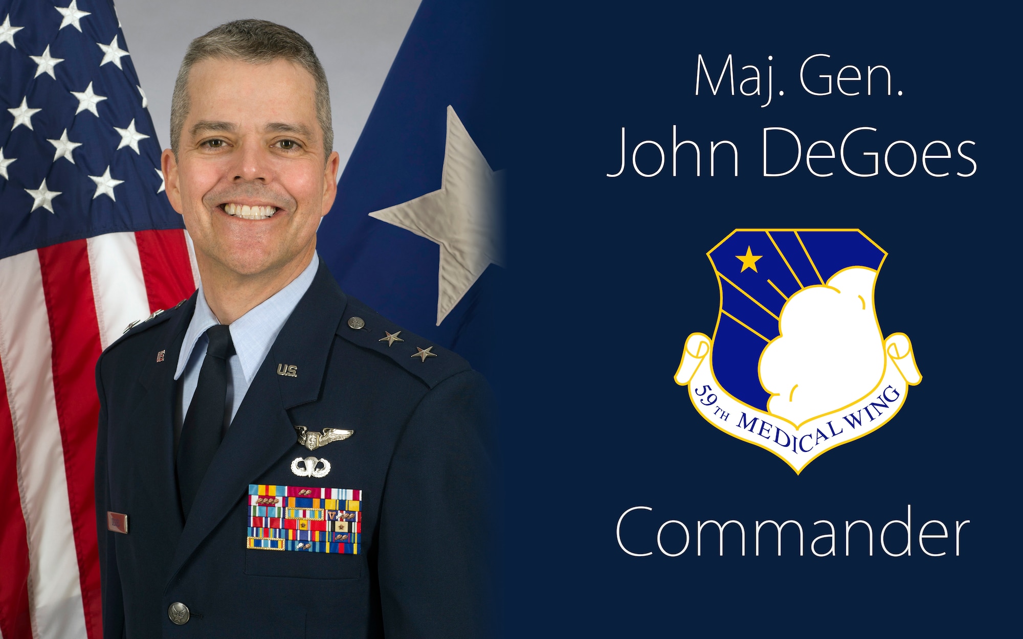 Maj. Gen. John DeGoes took command of the 59th Medical Wing during a ceremony on Joint Base San Antonio-Lackland, June 14. The 59th MDW is the Air Force's premier healthcare, medical education and research, and readiness wing. (U.S. Air Force illustration by Staff Sgt. William Blankenship)