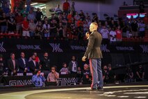 Capt. Joseph Bromen, Dawson, Neb. native and the Officer Selection Officer for Lincoln, Neb., explains the partnership between USAW and the Marine Corps during the FinalX Senior Freestyle World Team Trials at Bob Devaney Sports Center in Lincoln June 9, 2018.