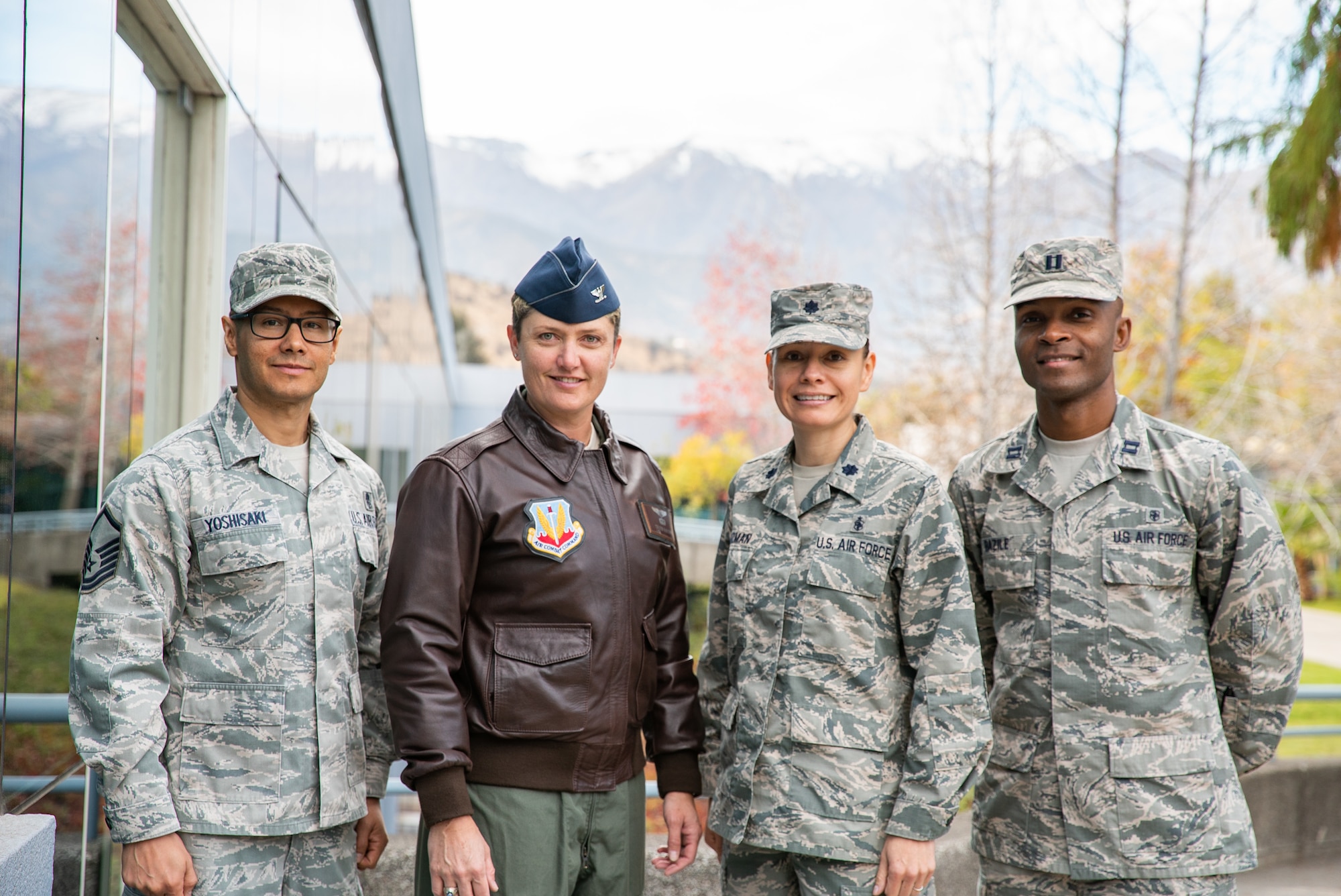 Master Sgt. Diego Yoshisaki, 12th Air Force (AFSOUTH) international health specialist, Davis-Monthan AFB, AZ., Col. Colleen McBratney, 355th Aerospace Medicine Squadron Commander, Davis-Monthan AFB, AZ., Lt. Col. Lisa Guzman, 87th Medical Group medical services administrator, Joint Base McGuire-Dix-Lakehurst, N.J., and Capt. Angelo Bazile, 11th Wing medical services administrator, Joint Base Andrews, MD., pose for a  photo during a health services administration subject matter expert exchange with the Chilean Air Force at the Hospital Clínico, Santiago, June 4-8.