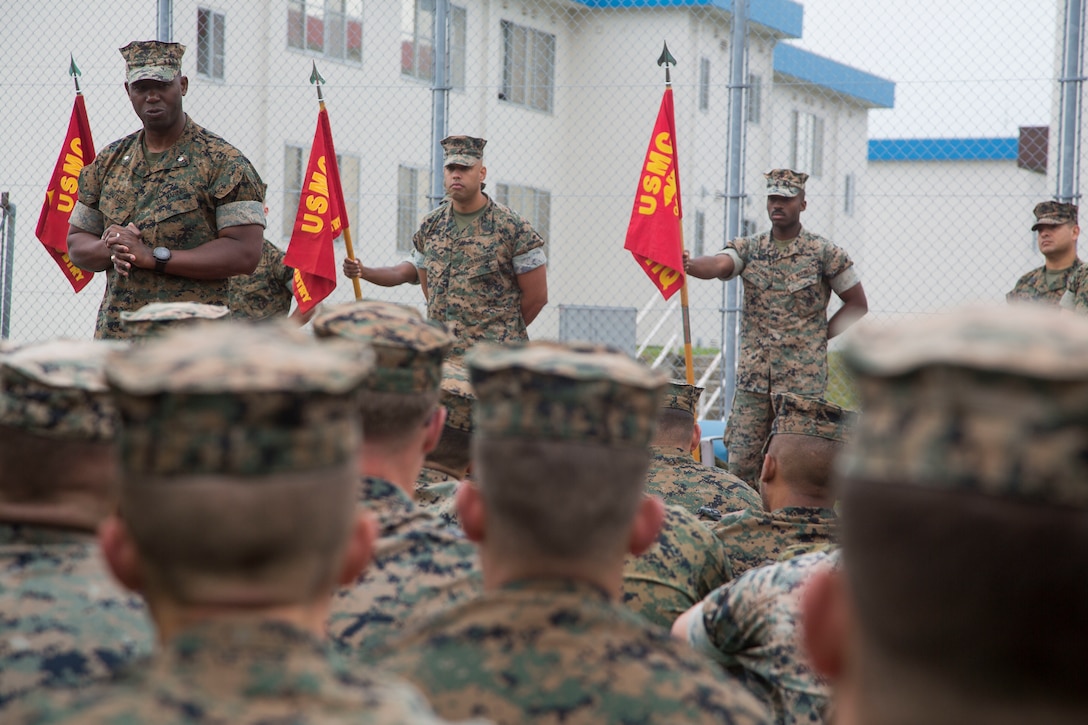 Lt. Col. Leroy B. Butler addresses the Marines of 3rd Battalion, 12th Marine Regiment, 3rd Marine Division