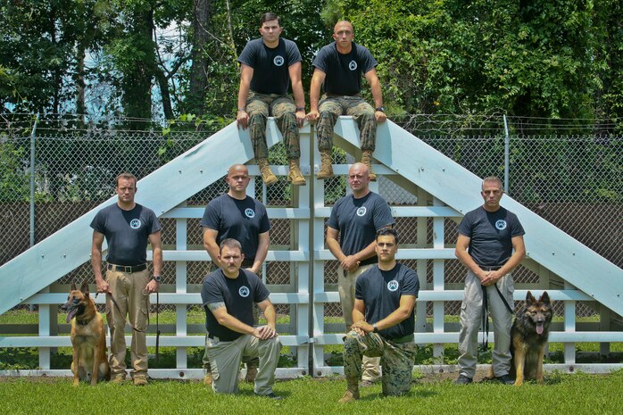 Members of the Military Working Dog section of the Provost Marshal’s Office pose for a photo aboard Marine Corps Air Station Beaufort June13. The MWD section aids the air station in detecting contraband and conducting security checks. The MWD section is attached to Headquarters and Headquarters Squadron.