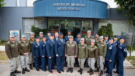 U.S. and Chilean air force medical personnel gather for a group photo during a health services administration subject matter expert exchange with the Chilean Air Force at the Hospital Clínico, Santiago, June 4-8. Key U.S. and Chilean air force military health specialists discussed ways to improve medical administration practices, marking the first time this type of exchange has taken place in Chile. (U.S. Air Force photo by Staff Sgt. Danny Rangel)
