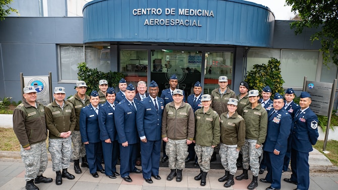 U.S. and Chilean air force medical personnel gather for a group photo during a health services administration subject matter expert exchange with the Chilean Air Force at the Hospital Clínico, Santiago, June 4-8. Key U.S. and Chilean air force military health specialists discussed ways to improve medical administration practices, marking the first time this type of exchange has taken place in Chile. (U.S. Air Force photo by Staff Sgt. Danny Rangel)